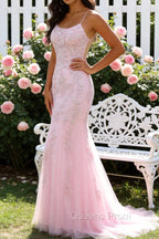 Mermaid Spaghetti Straps Light Pink Long Prom Dress with Appliques