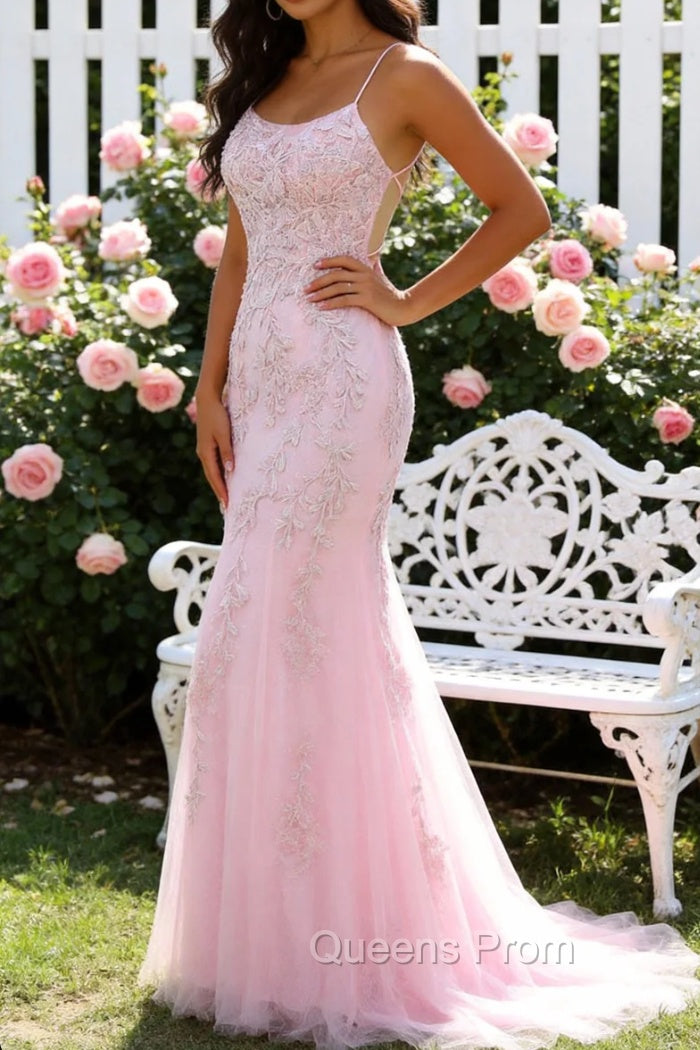 Mermaid Spaghetti Straps Light Pink Long Prom Dress with Appliques