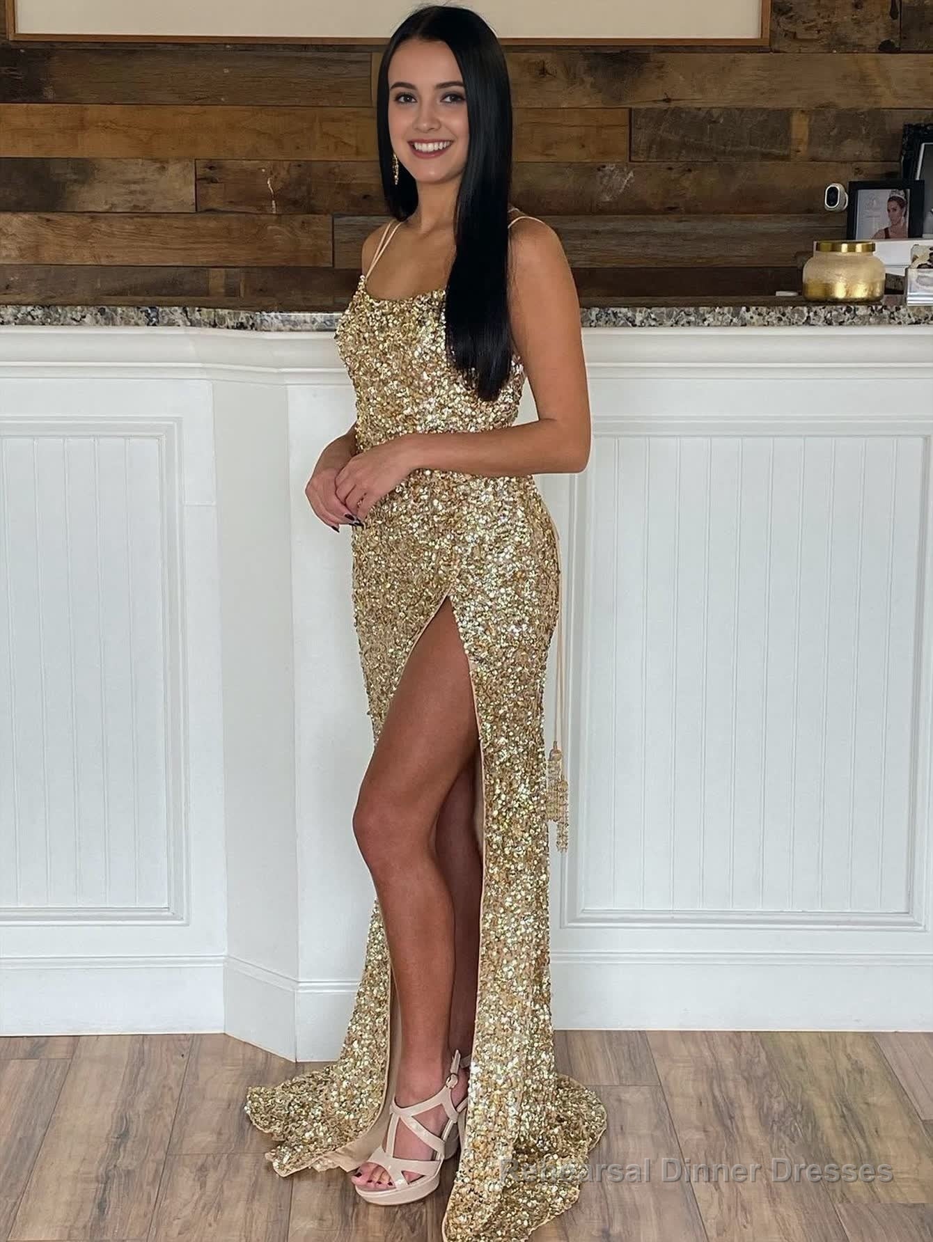 Mermaid Spaghetti Straps Long Sequins Prom Dress