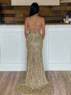 Mermaid Spaghetti Straps Long Sequins Prom Dress