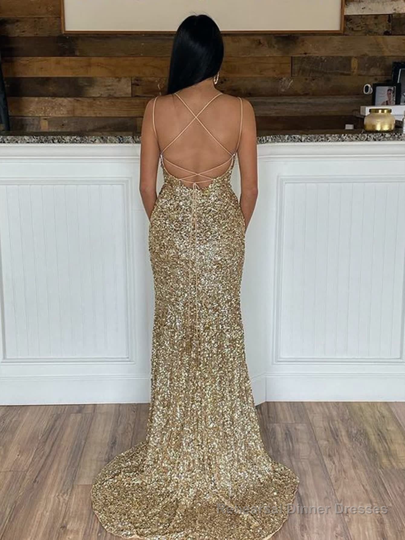 Mermaid Spaghetti Straps Long Sequins Prom Dress