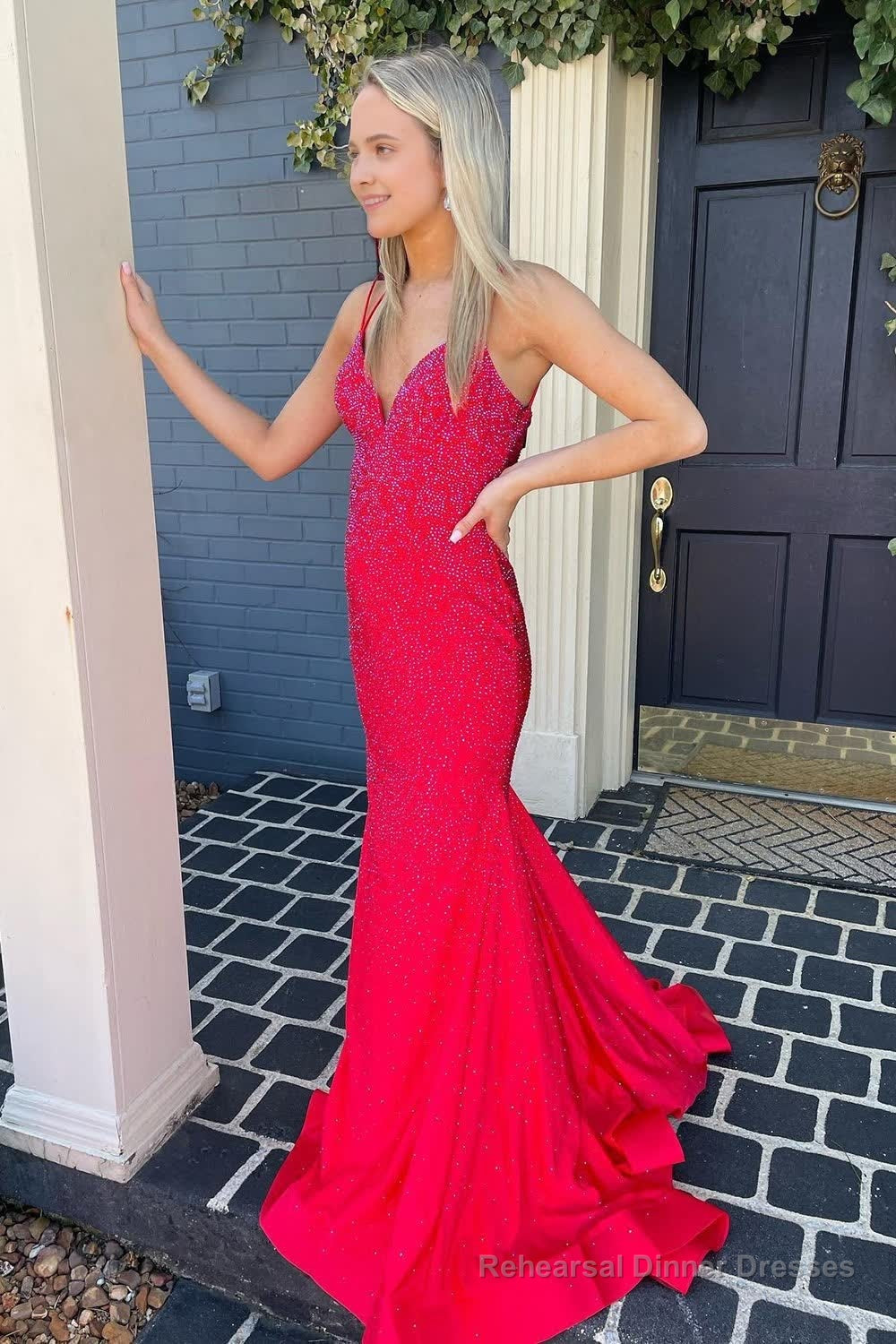 Mermaid Spaghetti Straps Red Long Prom Dress with Criss Cross Back Main image