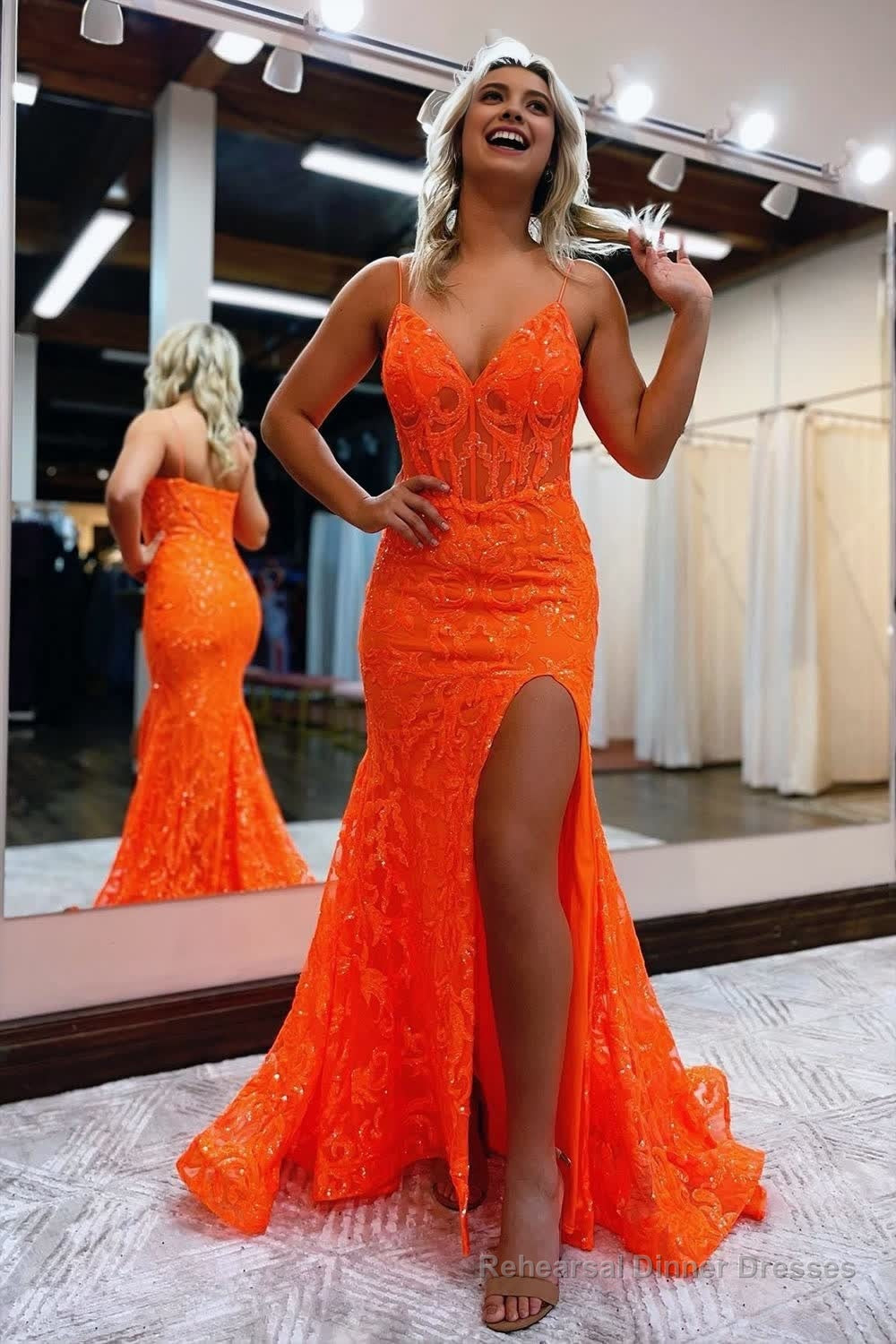 Mermaid Spaghetti Straps Sequined Lace Prom Dress Main image