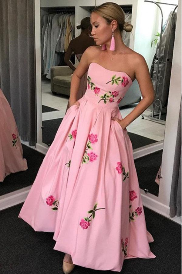 A-Line Sweetheart Strapless Pink Long Classy Prom Dress With Embroidery Pockets