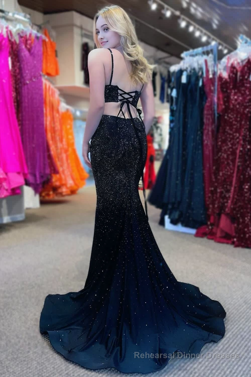Mermaid Spaghettti Strap Beaded Satin Prom Dress with Slit
