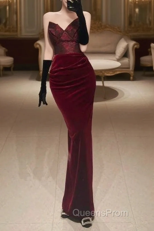 Mermaid Strapless Burgundy Long Lace Evening Prom Dress Main image