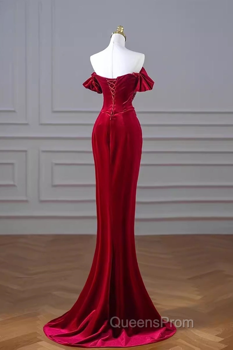 Mermaid Strapless Burgundy Velvet Evening Prom Dress Evening Dress