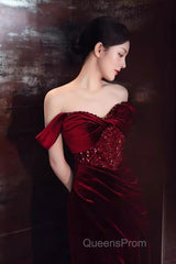 Mermaid Strapless Burgundy Velvet Evening Prom Dress Evening Dress