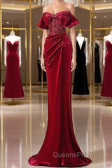 Mermaid Strapless Burgundy Velvet Evening Prom Dress Evening Dress