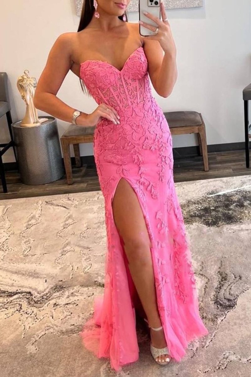 Mermaid Strapless Corset Lace Prom Dress with Slit