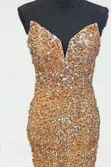 Mermaid Strapless Gold Sequin Evening Prom Dress