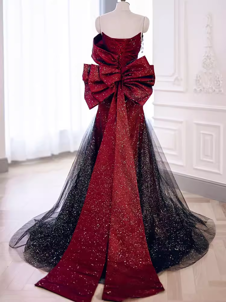 Mermaid Strapless Long Burgundy Classy Prom Dress