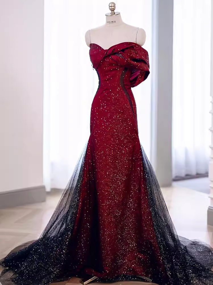 Mermaid Strapless Long Burgundy Classy Prom Dress Main image