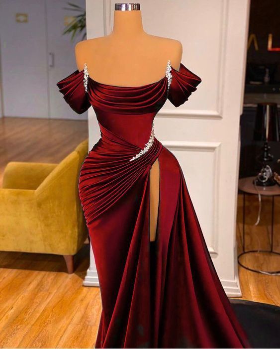 Mermaid Strapless Burgundy Long Slit Classy Prom Dress Classy Evening Dress Main image
