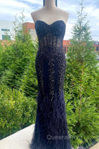 Mermaid Strapless Sequin-Embroidered Long Evening Prom Dress with Feathers