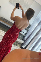 Mermaid Strapless Sequins Long Prom Dress with Slit