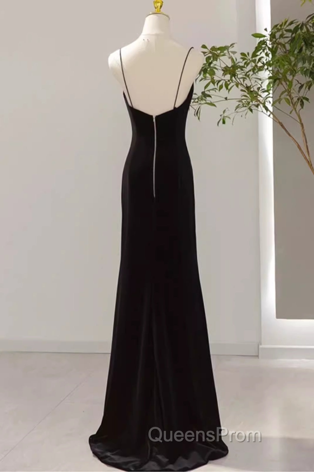 Mermaid Straps Black Velvet Long Evening Prom Dress