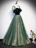 Green Straps Velvet Long Lace Classy Prom Dress