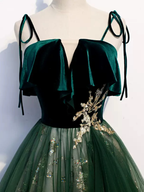 Green Straps Velvet Long Lace Classy Prom Dress