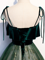 Green Straps Velvet Long Lace Classy Prom Dress