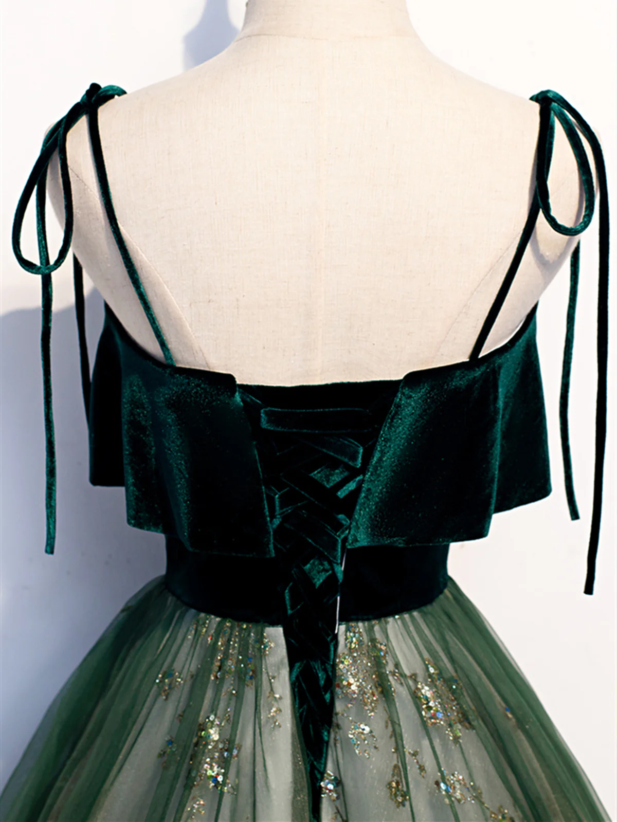 Green Straps Velvet Long Lace Classy Prom Dress
