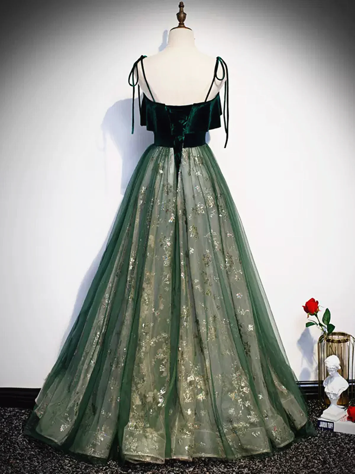 Green Straps Velvet Long Lace Classy Prom Dress