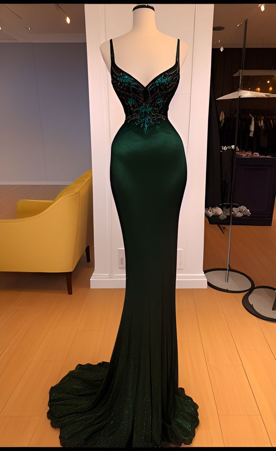 Mermaid Straps Dark Green Satin Long Prom Dresses