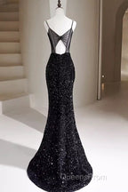 Mermaid Straps Long Black Sequin Evening Prom Dress