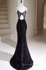 Mermaid Straps Long Black Sequin Evening Prom Dress
