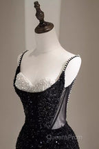 Mermaid Straps Long Black Sequin Evening Prom Dress