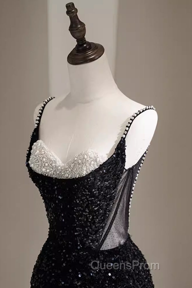 Mermaid Straps Long Black Sequin Evening Prom Dress