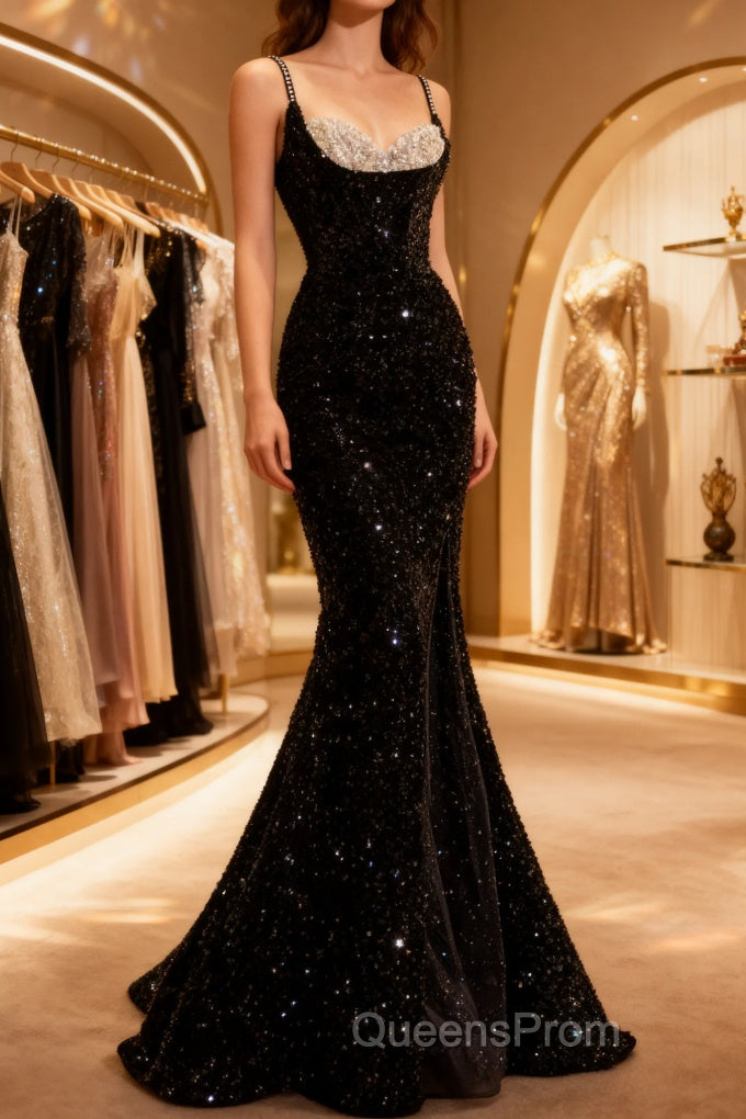 Mermaid Straps Long Black Sequin Evening Prom Dress Main image