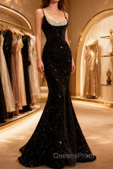 Mermaid Straps Long Black Sequin Evening Prom Dress