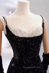 Mermaid Straps Sequin Black Backless Long Evening Prom Dress