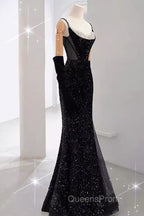 Mermaid Straps Sequin Black Backless Long Evening Prom Dress