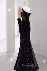 Mermaid Straps Sequin Black Backless Long Evening Prom Dress