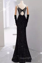 Mermaid Straps Sequin Black Backless Long Evening Prom Dress