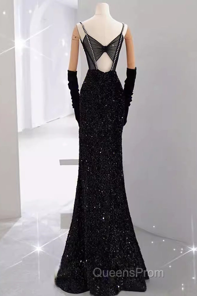 Mermaid Straps Sequin Black Backless Long Evening Prom Dress