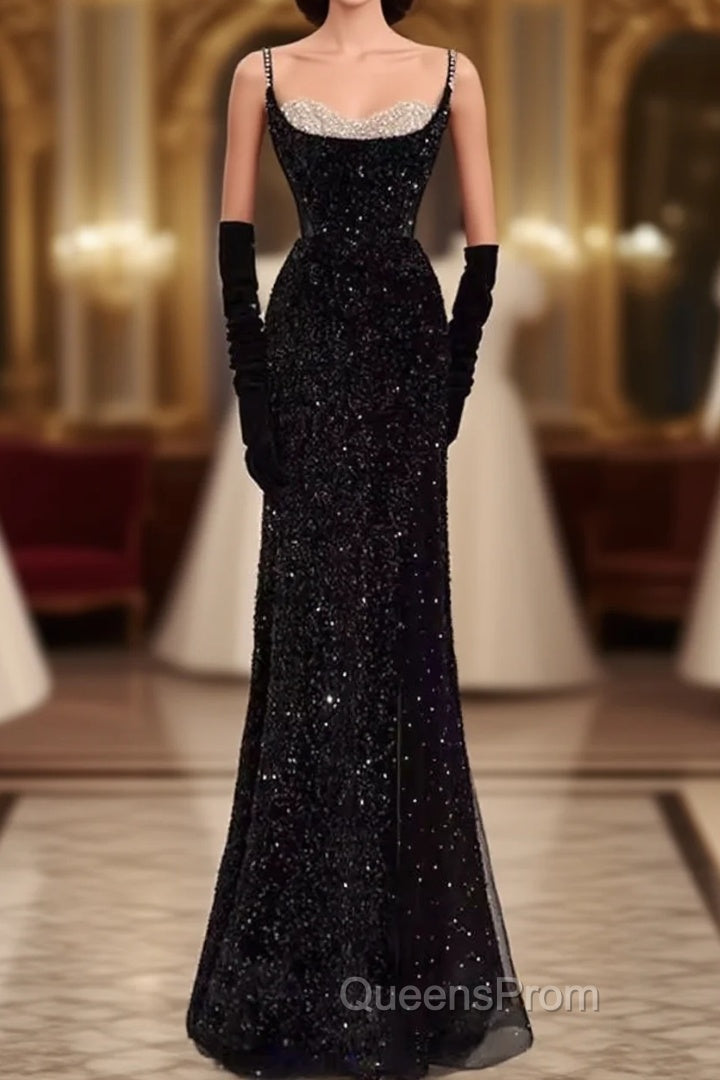 Mermaid Straps Sequin Black Backless Long Evening Prom Dress Main image