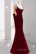 Mermaid Straps Sequin Red Backless Long Evening Prom Dress