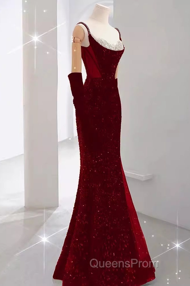 Mermaid Straps Sequin Red Backless Long Evening Prom Dress