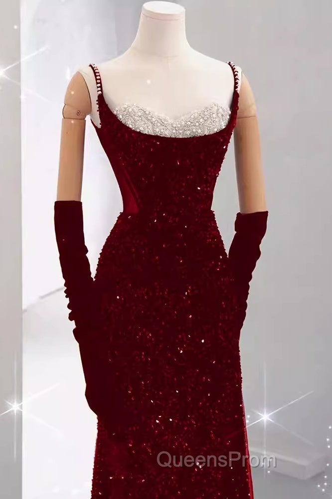 Mermaid Straps Sequin Red Backless Long Evening Prom Dress