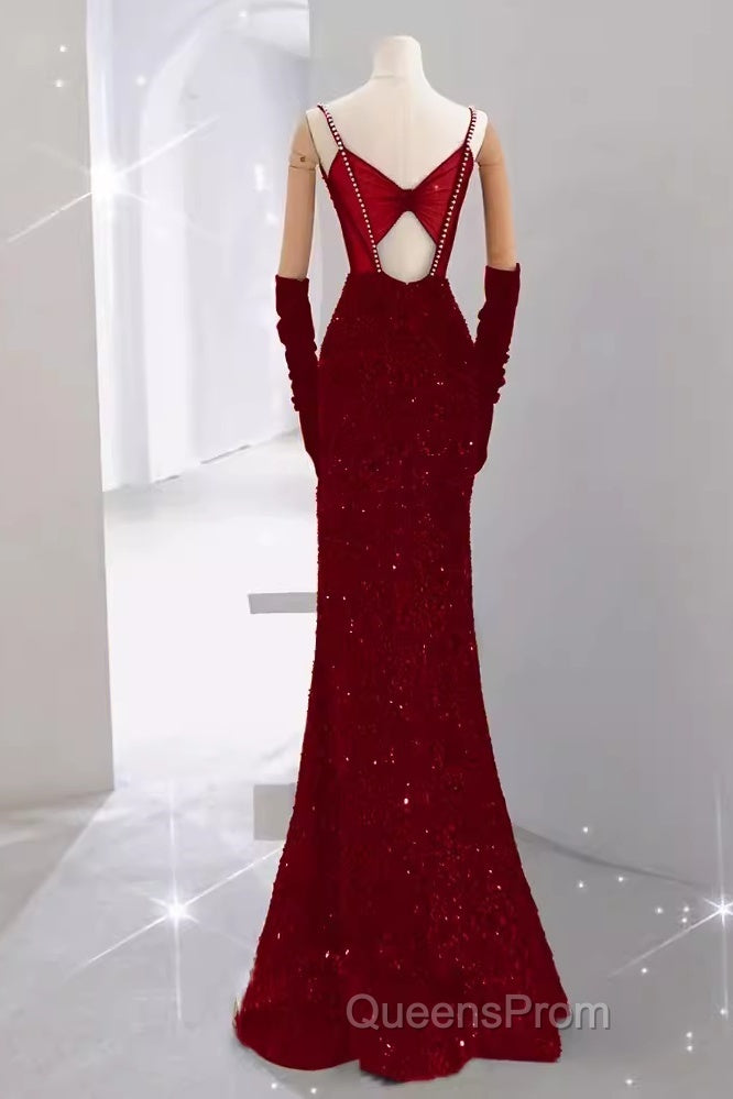 Mermaid Straps Sequin Red Backless Long Evening Prom Dress