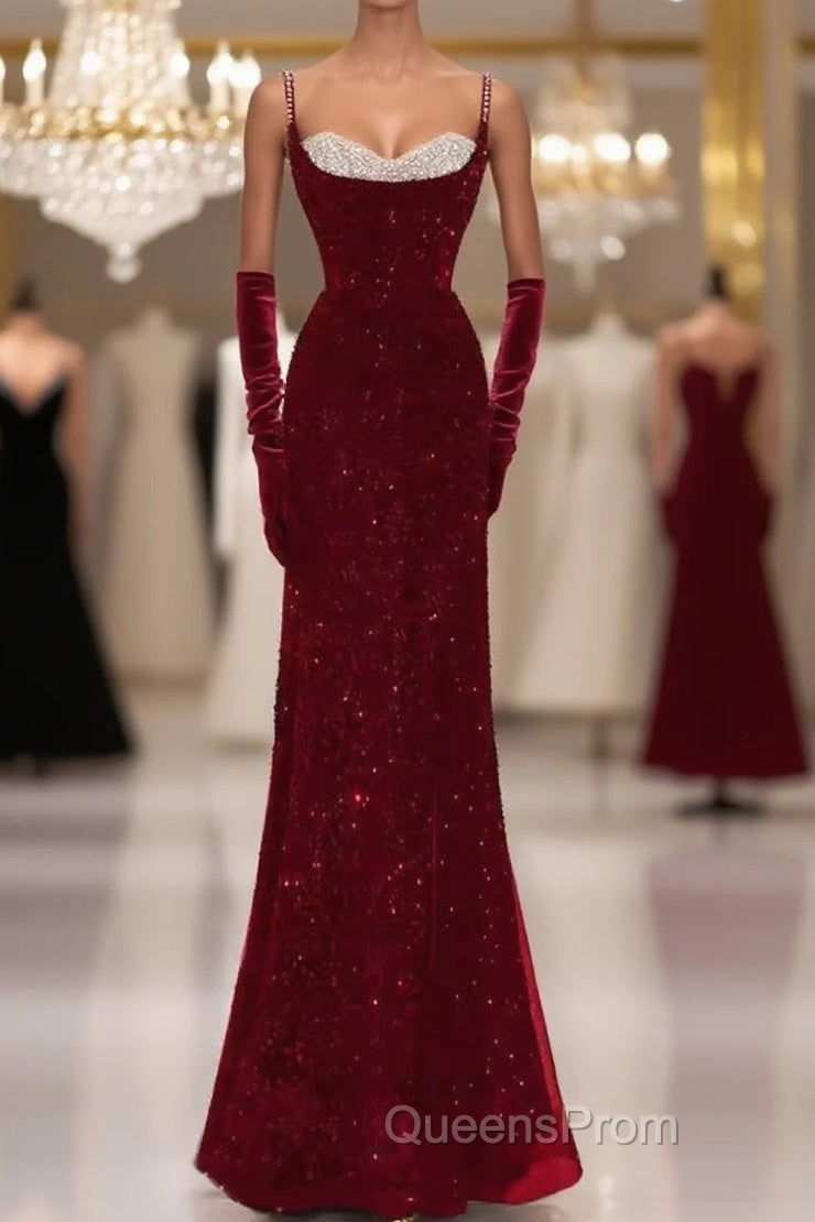 Mermaid Straps Sequin Red Backless Long Evening Prom Dress Main image