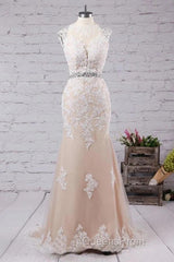 Mermaid Sweep Train Open Back Tulle Evening Prom Appliques Wedding Dress