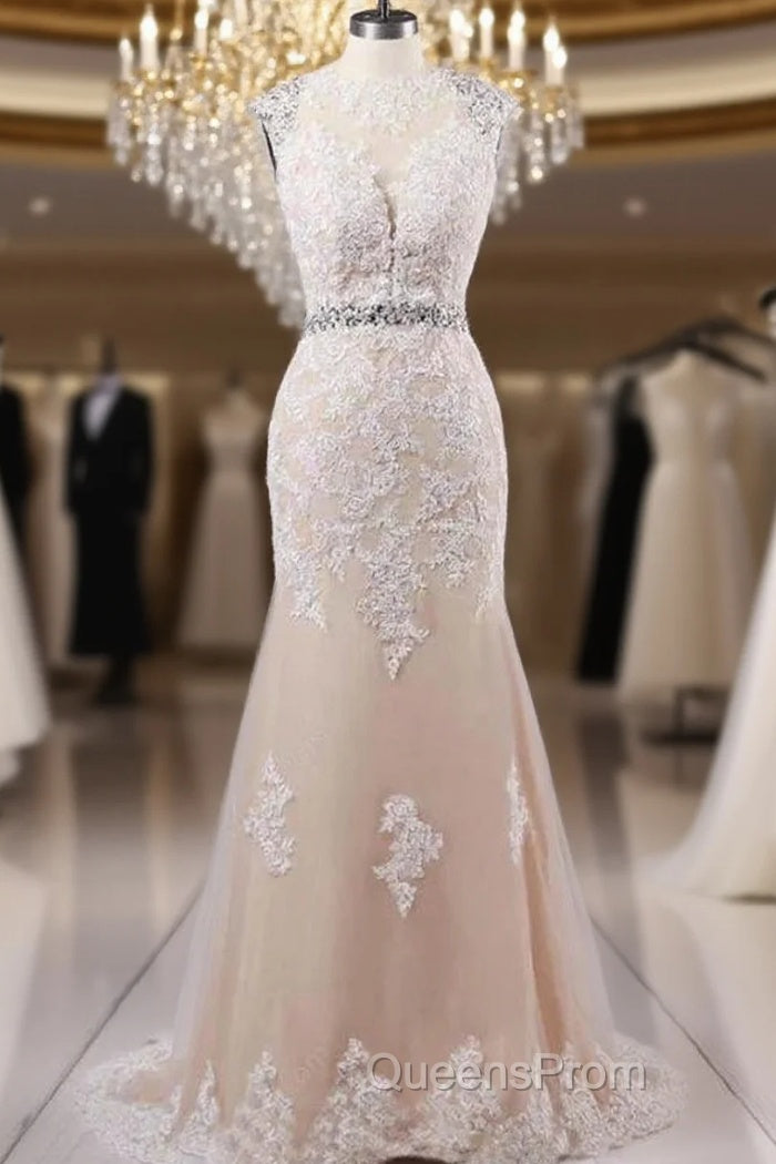 Mermaid Sweep Train Open Back Tulle Evening Prom Appliques Wedding Dress Main image