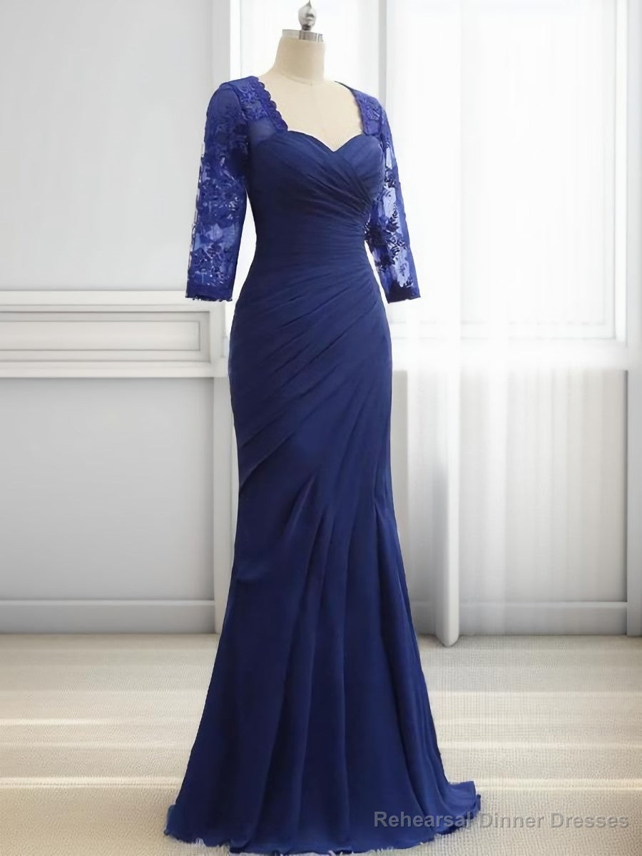 Mermaid Sweetheart 3/4 Sleeves Pleated Floor-Length Chiffon Mother of the Bride Dress