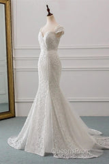 Mermaid Sweetheart Lace Long Wedding Dress Bride Gown Cap Sleeves