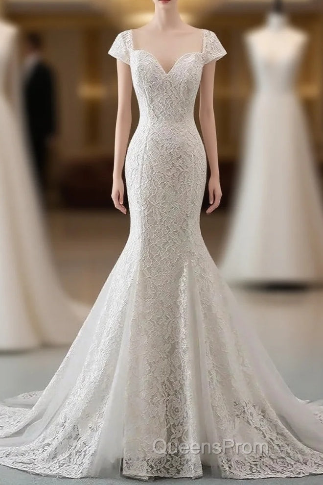 Mermaid Sweetheart Lace Long Wedding Dress Bride Gown Cap Sleeves