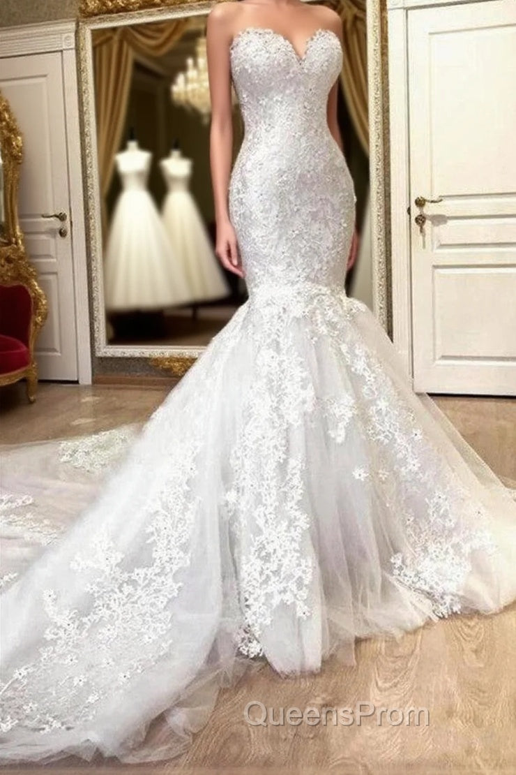 Mermaid Sweetheart Long Train Tulle Crochet Flower Wedding Dress Main image